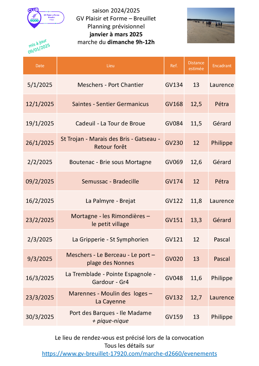 Programme des marches du dimanche du 1er trimestre 2025