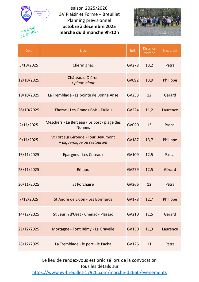 Le programme des marches du dimanche 9h - 12h pour le 4ème trimestre 2025