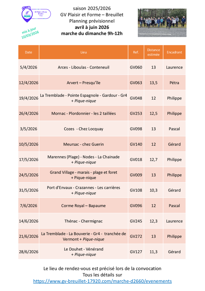 Le programme des marches du dimanche 9h - 12h pour le 2ème trimestre 2026