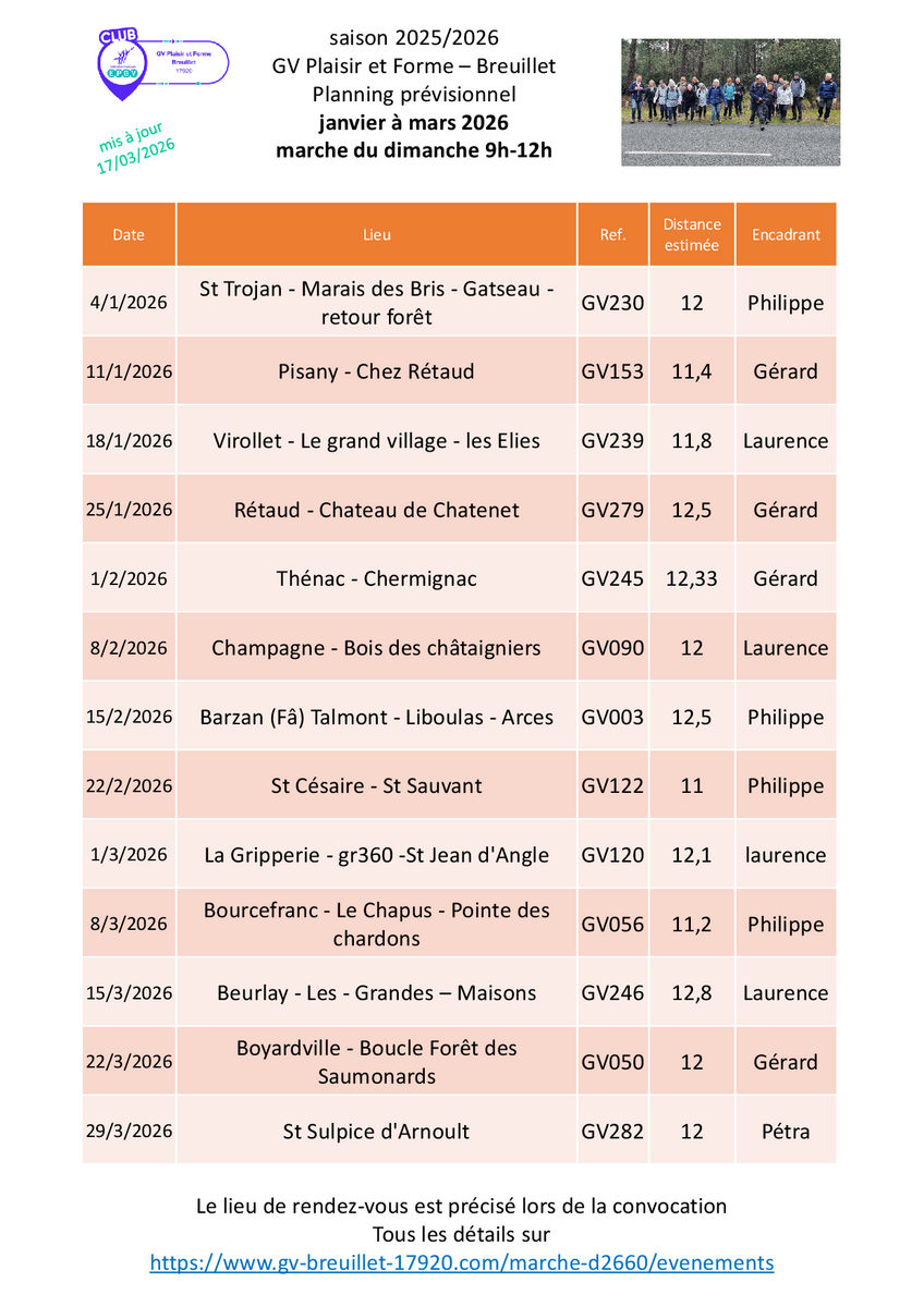 Le programme des marches du dimanche 9h - 12h pour le 1er trimestre 2026