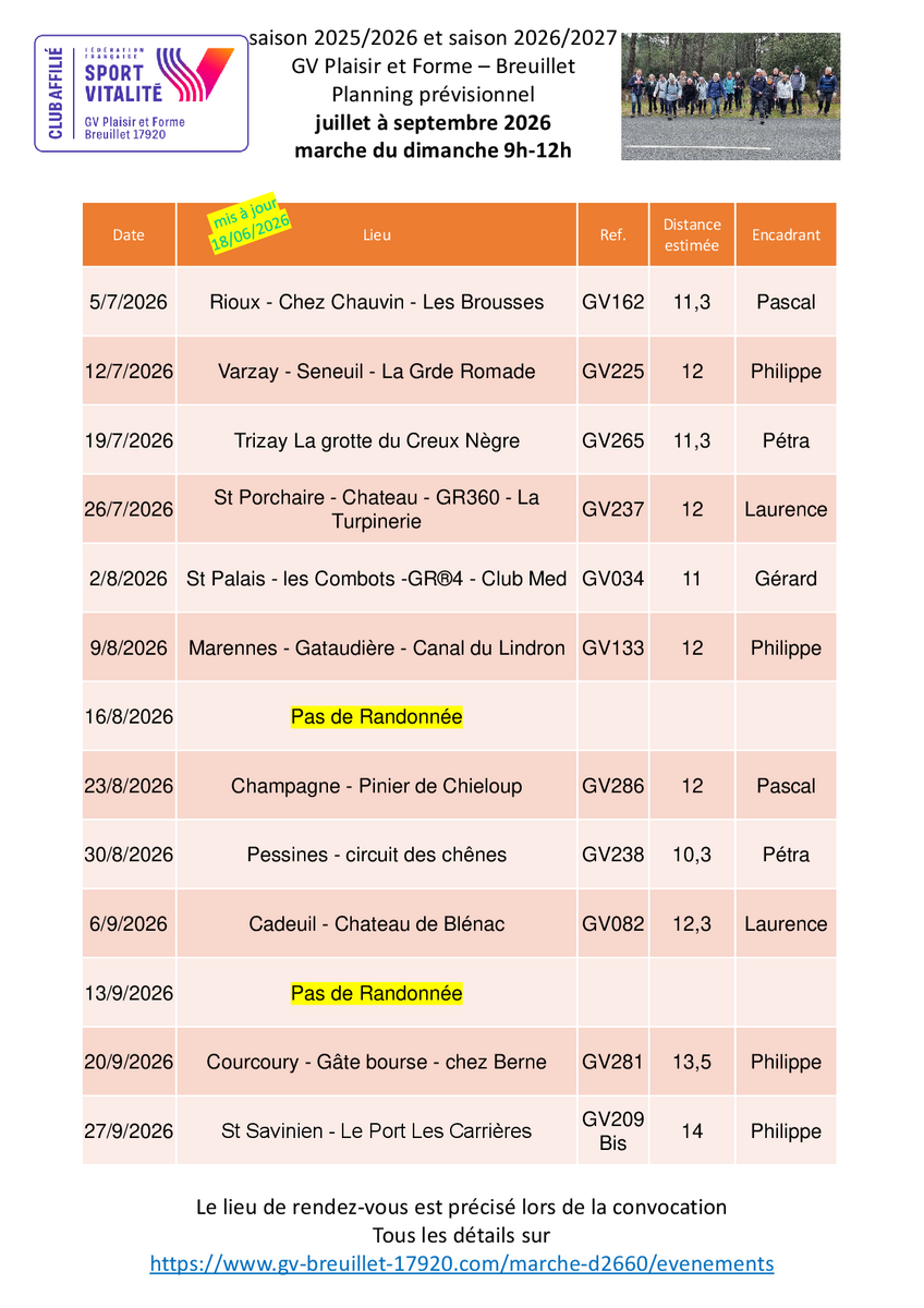 Le programme des marches du dimanche 9h-12h pour le 3ème trimestre 2026