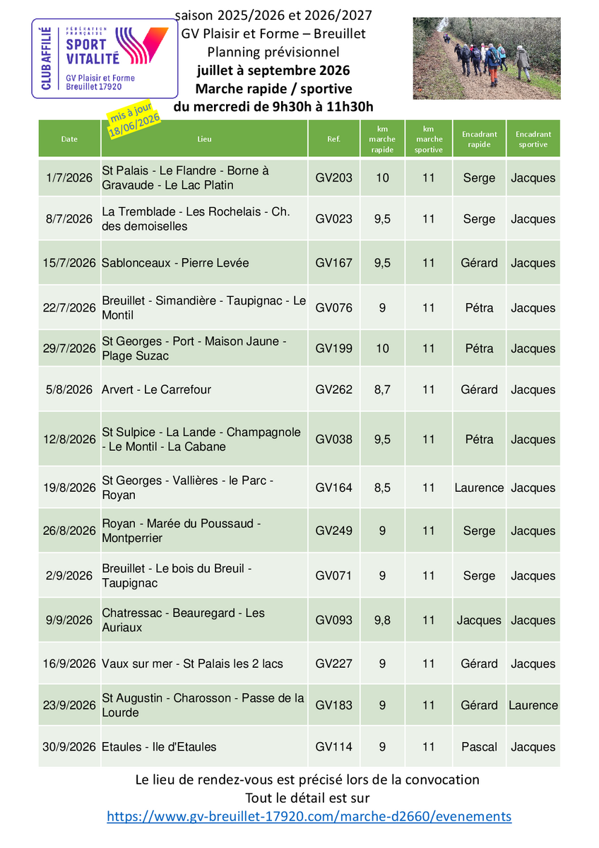 Le programme des marches du mercredi 9h30 - 11h30 pour le 3ème trimestre 2026