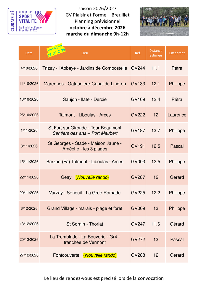 Le programme des marches du dimanche 9h-12h pour le 4ème trimestre 2026