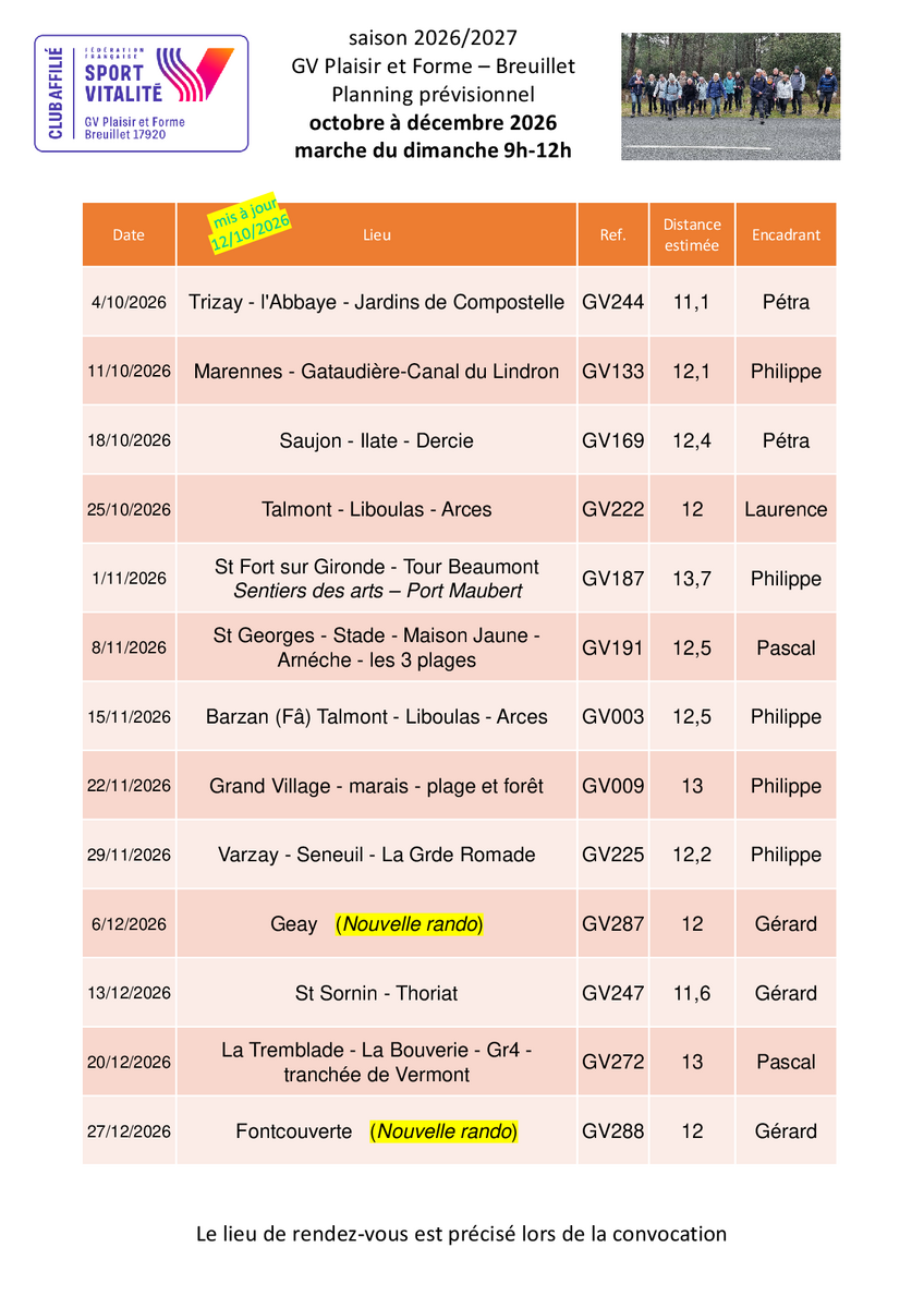 Le programme des marches du dimanche 9h-12h pour le 4ème trimestre 2026