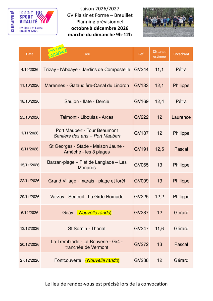 Le programme des marches du dimanche 9h-12h pour le 4ème trimestre 2026