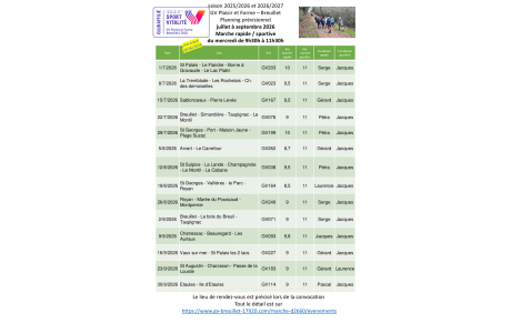 Le programme des marches du mercredi 9h30 - 11h30 pour le 3ème trimestre 2026