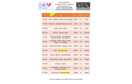 Le programme des marches du dimanche 9h-12h pour le 4ème trimestre 2026